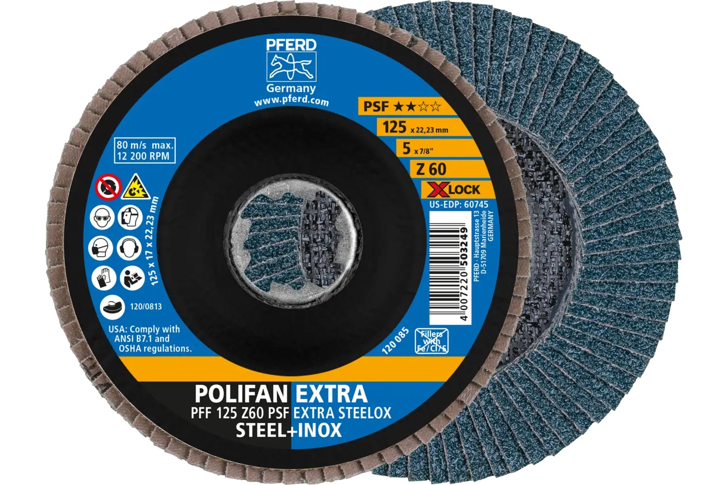 Picture of Pferd Flap Disc, 5", X-Lock, Z PSF Extra Steelox, 60 Grit, T27, Flat, Zirconia